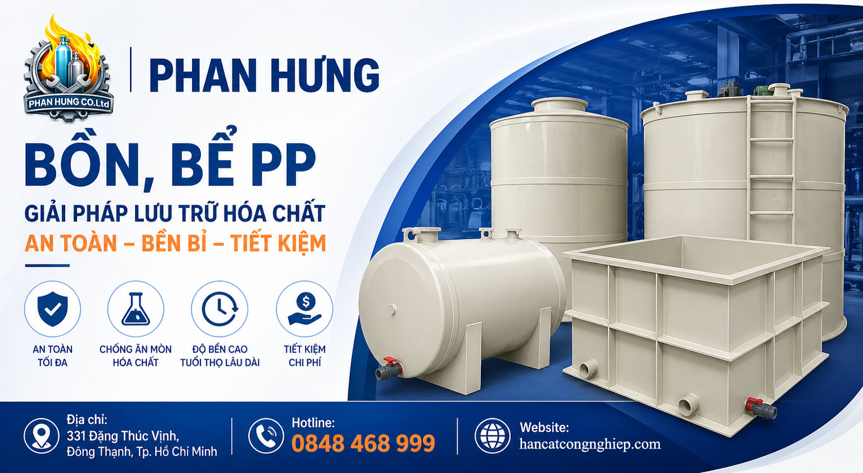 Bồn/Bể nhựa PP được ứng dụng rộng rãi trong lưu trữ hóa chất, xử lý nước và sản xuất công nghiệp.