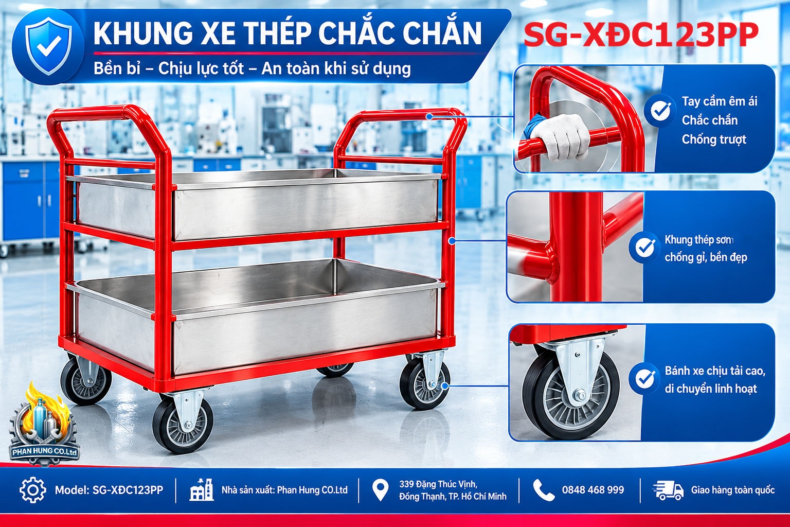 Xe đẩy hóa chất 2 tầng khung thép khay Inox 304 316 nhựa PP
