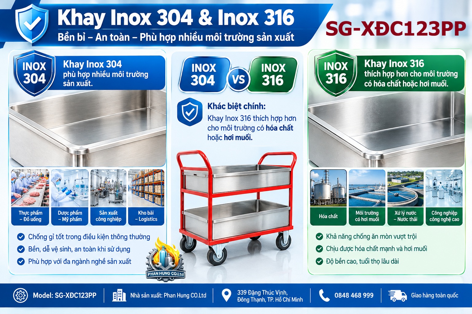 Xe Đẩy Hóa Chất 2 Tầng – Khung Thép, Khay Inox 304/316 Hoặc Nhựa PP | Phan Hưng CO.Ltd