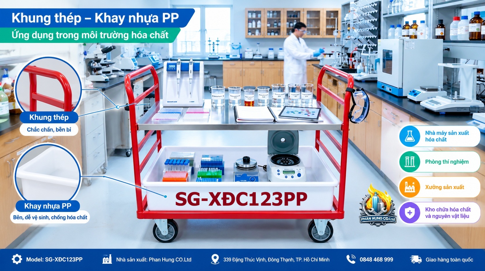 Xe Đẩy Hóa Chất 2 Tầng – Khung Thép, Khay Inox 304/316 Hoặc Nhựa PP | Phan Hưng CO.Ltd