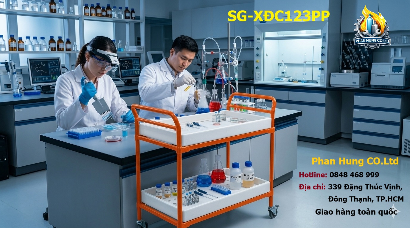 Xe Đẩy Hóa Chất 2 Tầng – Khung Thép, Khay Inox 304/316 Hoặc Nhựa PP | Phan Hưng CO.Ltd