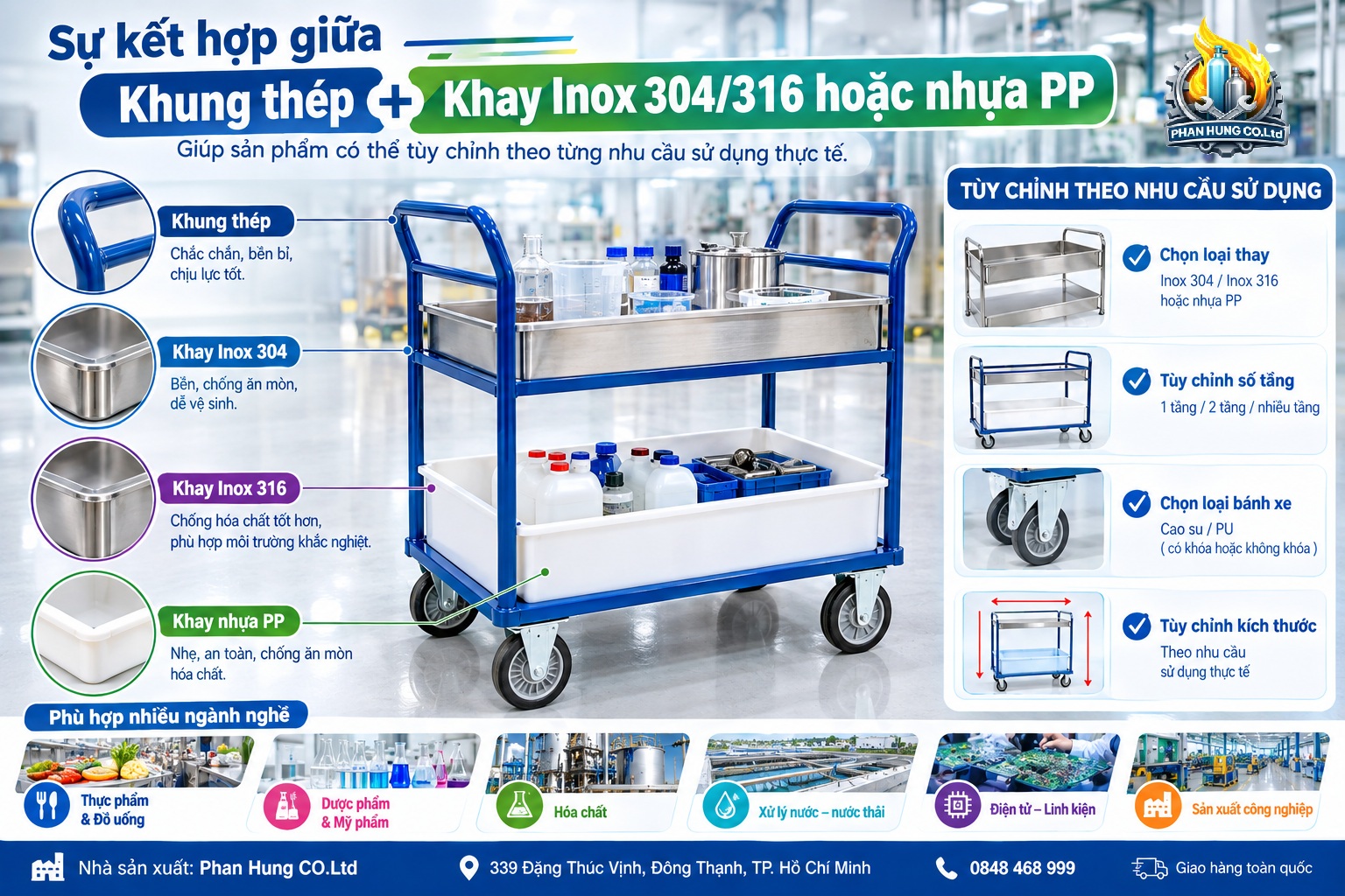 Xe Đẩy Hóa Chất 2 Tầng – Khung Thép, Khay Inox 304/316 Hoặc Nhựa PP | Phan Hưng CO.Ltd