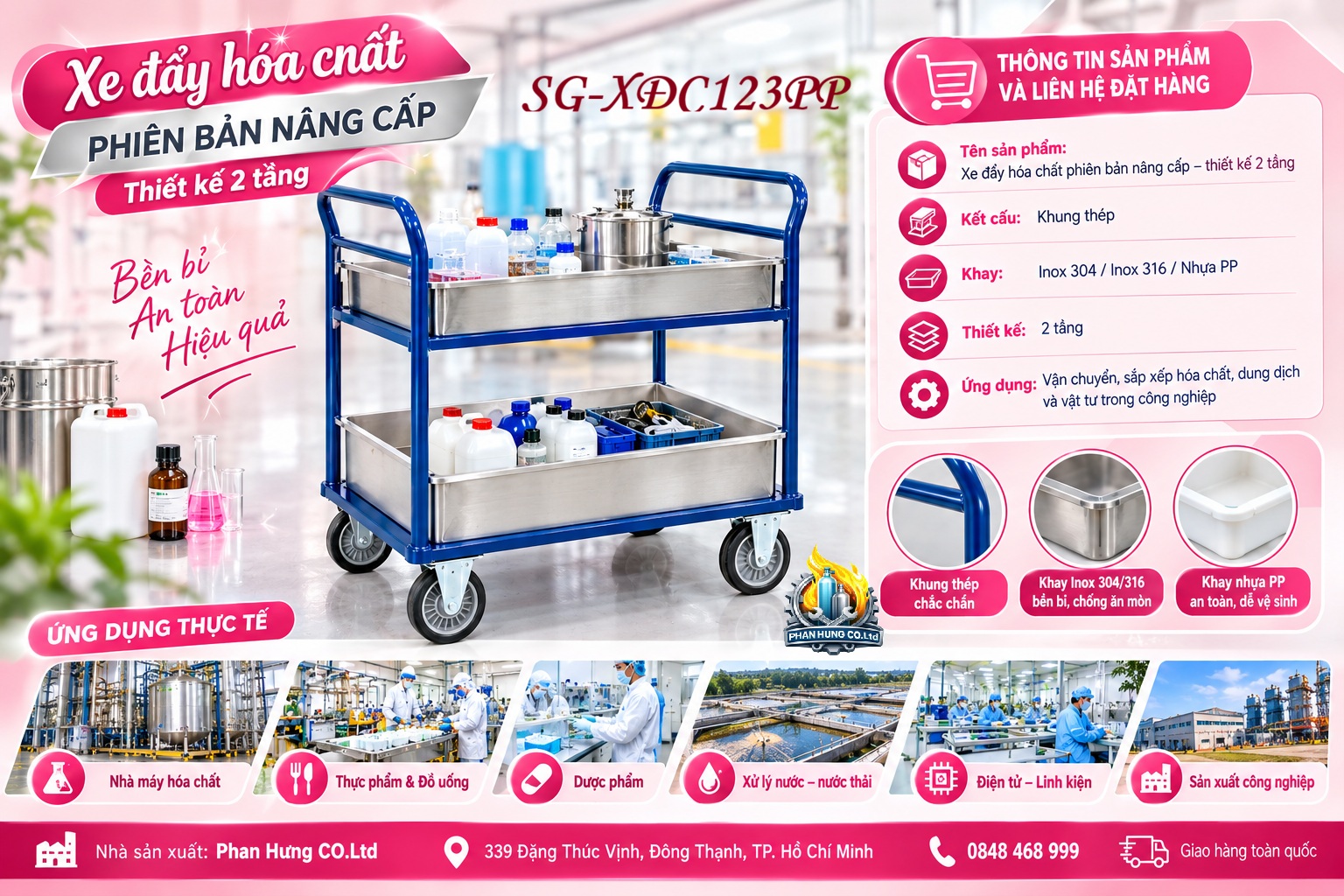 Xe Đẩy Hóa Chất 2 Tầng – Khung Thép, Khay Inox 304/316 Hoặc Nhựa PP | Phan Hưng CO.Ltd