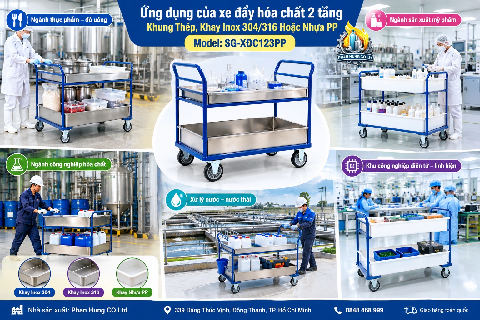 Xe Đẩy Hóa Chất 2 Tầng – Khung Thép, Khay Inox 304/316 Hoặc Nhựa PP | Phan Hưng CO.Ltd